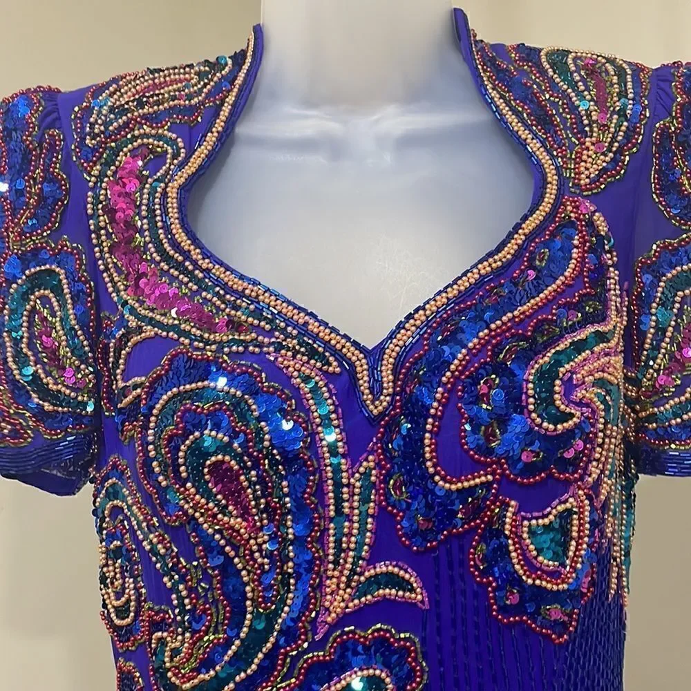 VTG Alyce Design Beaded Sequins Evening Gown Dress. Size 12 L large 100% silk